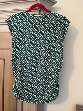 Geometric Cap-Sleeve Top in Teal, Black & White